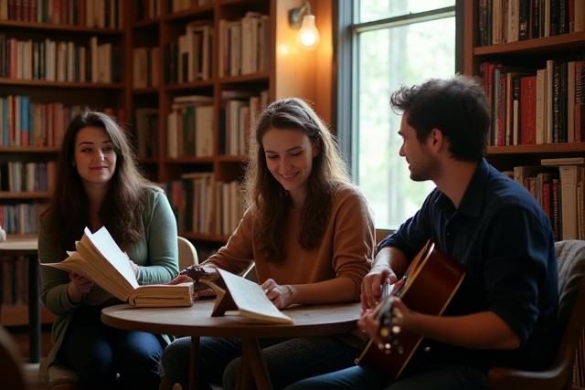Nayzak Books team members in a cozy library setting surrounded by musical instruments and books, discussing sheet music with a warm feel.