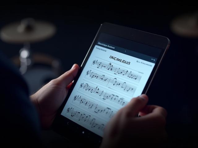 A modern drum kit manual displayed on a tablet screen, indicating a digital download