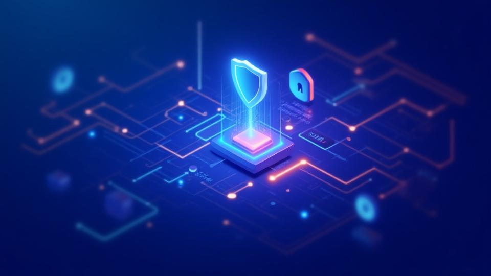Abstract depiction of secure data transmission and protection with digital shields and lock icons.