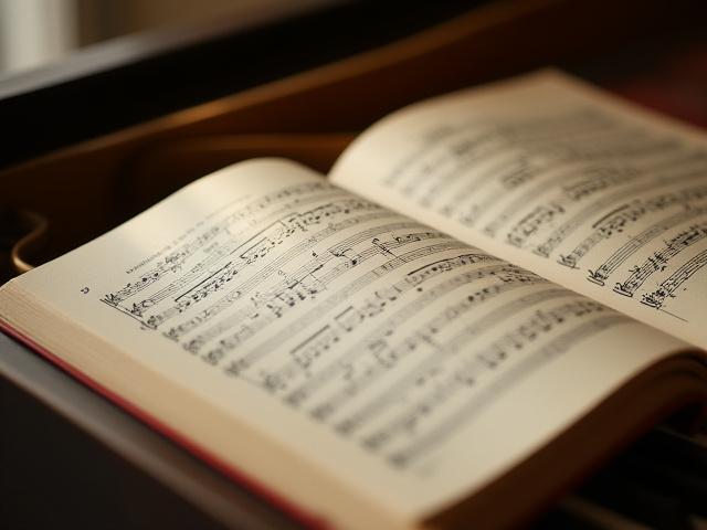 Sheet music for classical piano displayed on a vintage grand piano