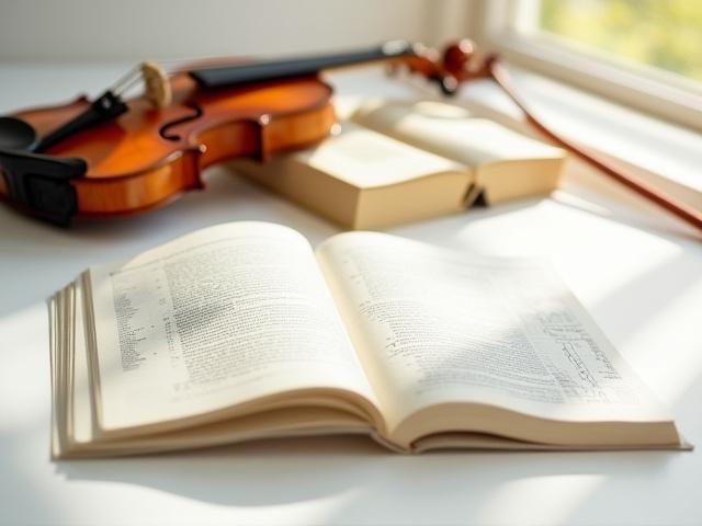 An instructional book on violin techniques next to a violin and bow