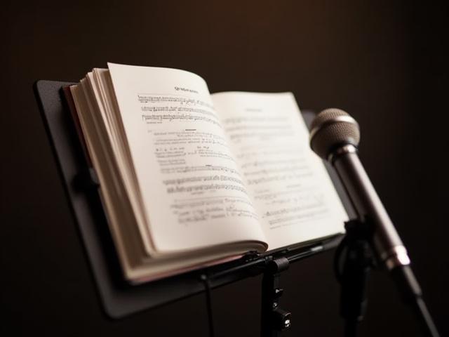 A vocal exercises book open on a music stand with a microphone in the foreground